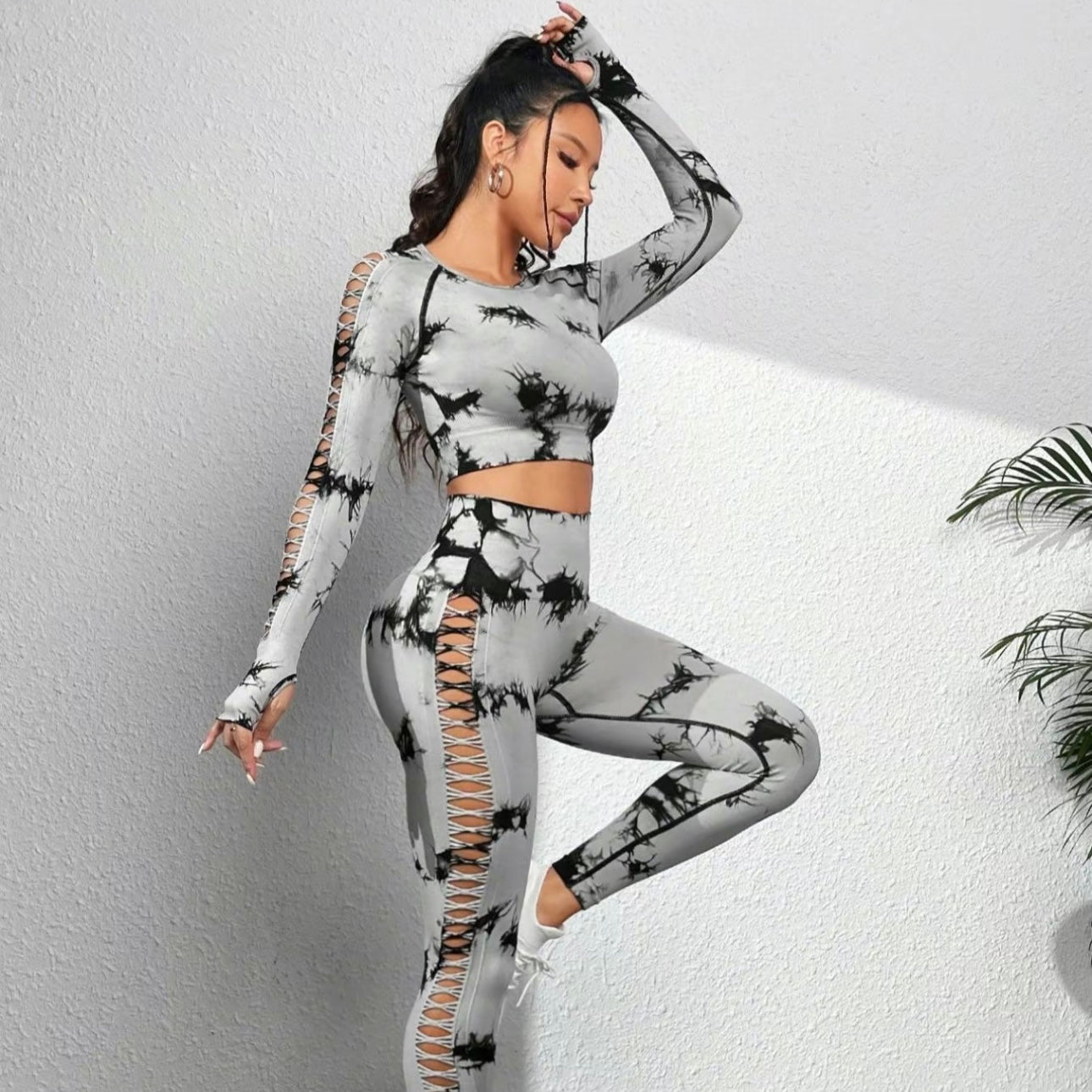 Two-Piece Set Women's Tie Dye Print Hollow Out Long Sleeve Crop Tee & High Waist Leggings Tracksuit Set, Sporty Round Neck Raglan Sleeve Top & Pants Sports Set Fall Outfits