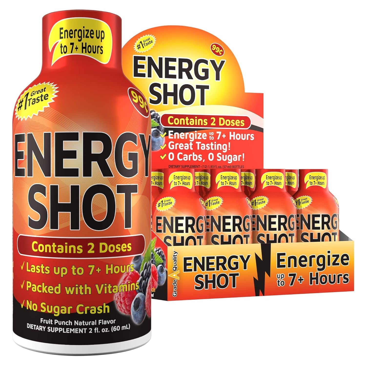 Shots, Fruit Punch Flavor, up to 7+ Hours of Energy, 1.93 Fl Oz, 12 Count