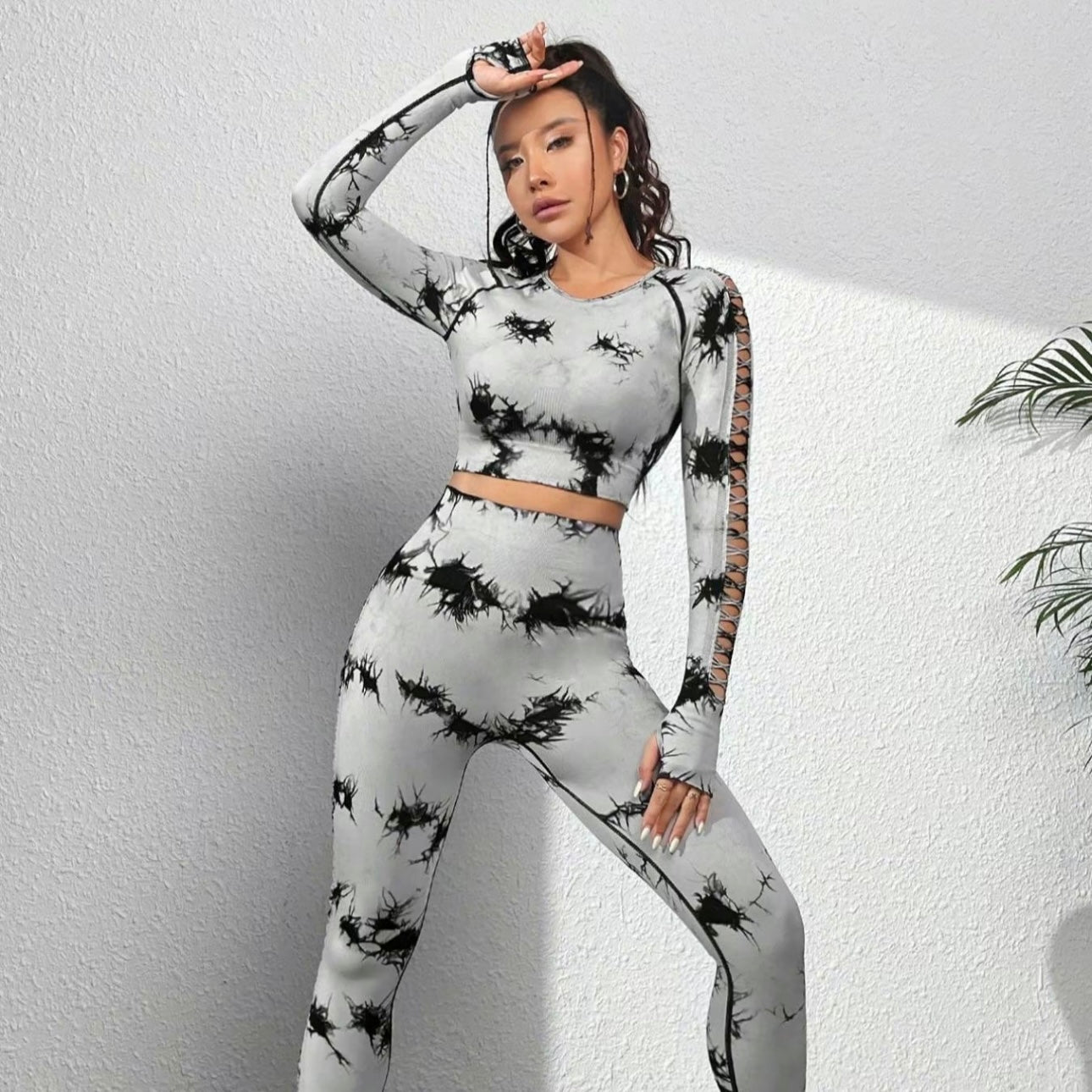 Two-Piece Set Women's Tie Dye Print Hollow Out Long Sleeve Crop Tee & High Waist Leggings Tracksuit Set, Sporty Round Neck Raglan Sleeve Top & Pants Sports Set Fall Outfits