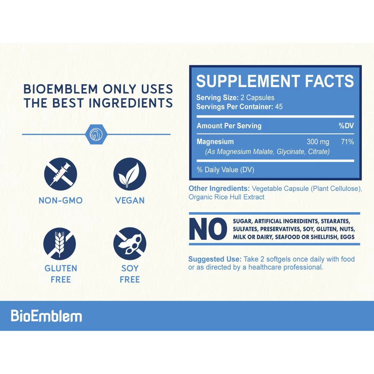 BioEmblem Triple Magnesium
Complex | 300mg of Magnesium Glycinate, Malate, & Citrate for Muscles, Nerves, & Energy