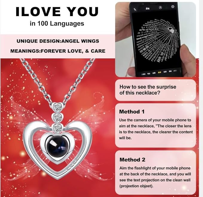 I Love You' Necklace in 100 Languages - Eternal Rose for Girlfriend, Wife, Mom - Thanksgiving Birthday Black Box