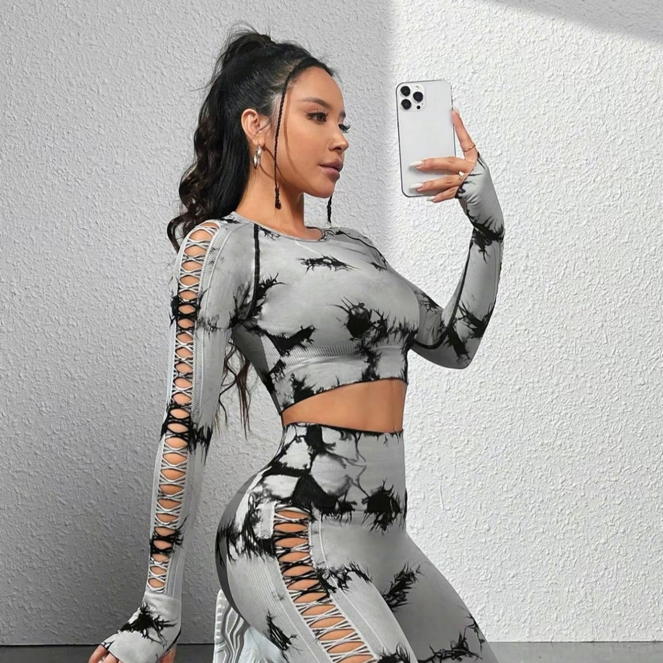 Two-Piece Set Women's Tie Dye Print Hollow Out Long Sleeve Crop Tee & High Waist Leggings Tracksuit Set, Sporty Round Neck Raglan Sleeve Top & Pants Sports Set Fall Outfits