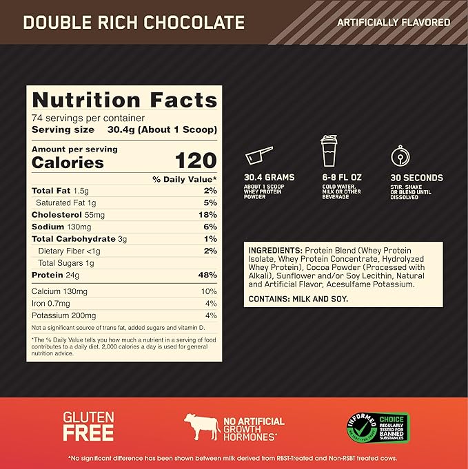 Optimum Nutrition 100% Whey Protein Powder, Double Rich Chocolate - 5 lbs