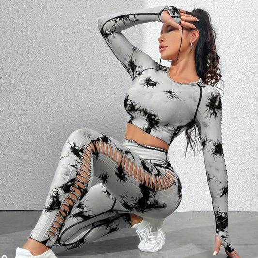 Two-Piece Set Women's Tie Dye Print Hollow Out Long Sleeve Crop Tee & High Waist Leggings Tracksuit Set, Sporty Round Neck Raglan Sleeve Top & Pants Sports Set Fall Outfits